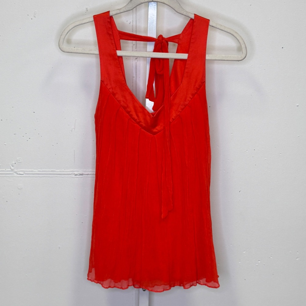 Y2K Marciano Silk Pleated Sleeveless Top Blouse XS Satin Trim Back Tie Orange